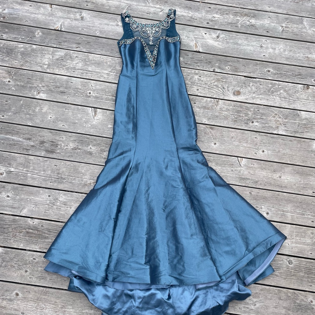 Tiffany Designs Steel Blue Rhinestones Plunging Mesh Low Back Formal Prom Gown